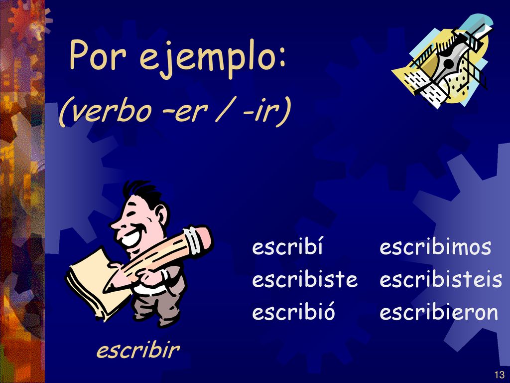 Por ejemplo: (verbo –er / -ir) escribir escribí escribiste escribió