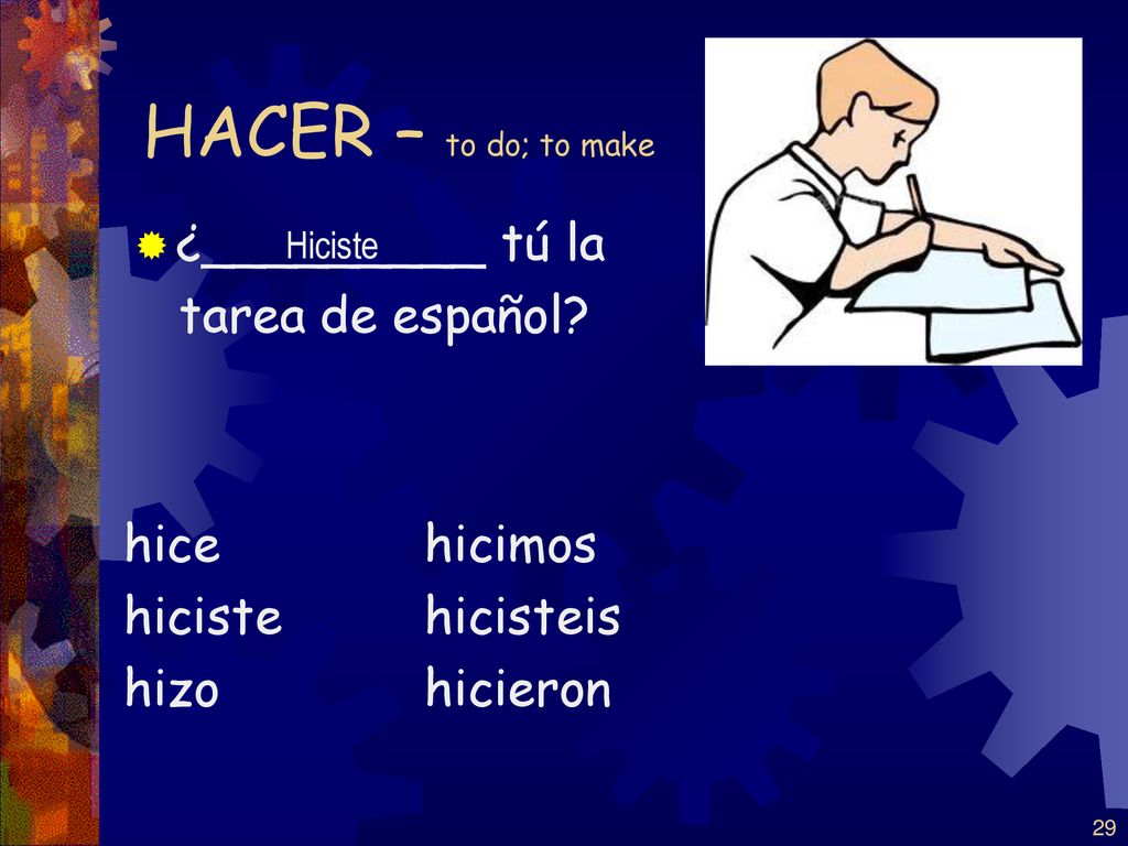 HACER – to do; to make ¿_________ tú la tarea de español hice hiciste
