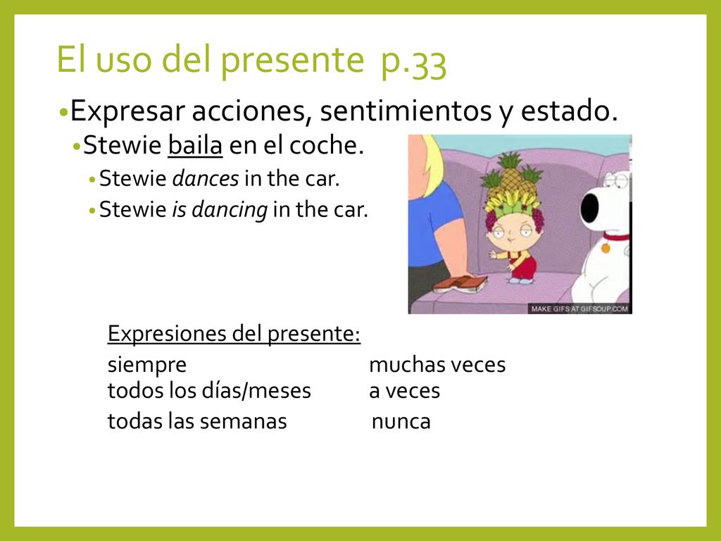 El uso del presente p.33 Expresar acciones, sentimientos y estado.