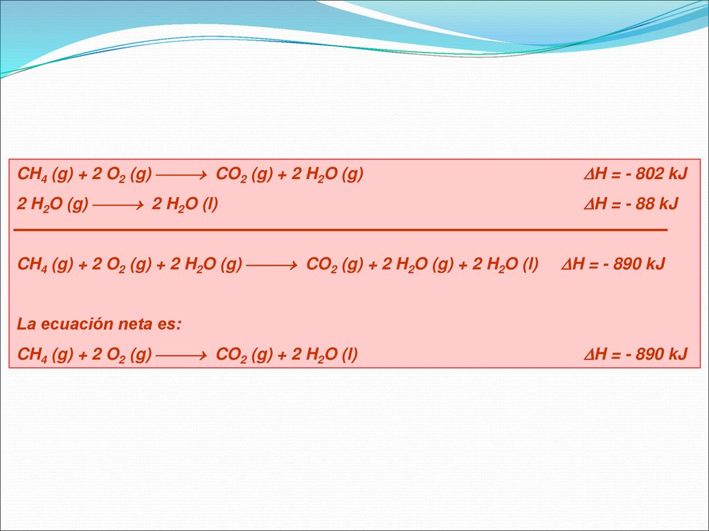 CH4 (g) + 2 O2 (g)  CO2 (g) + 2 H2O (g) H = kJ