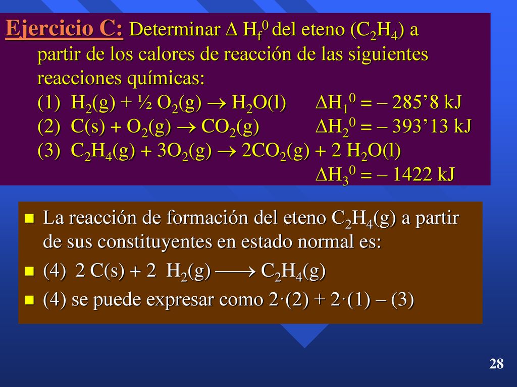 Ejercicio C: Determinar  Hf0 del eteno (C2H4) a partir de los calores de reacción de las siguientes reacciones químicas: (1) H2(g) + ½ O2(g)  H2O(l) H10 = – 285’8 kJ (2) C(s) + O2(g)  CO2(g) H20 = – 393’13 kJ (3) C2H4(g) + 3O2(g)  2CO2(g) + 2 H2O(l) H30 = – 1422 kJ