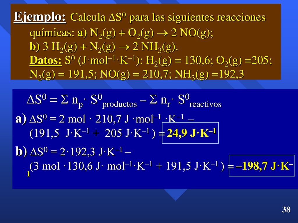 Ejemplo: Calcula S0 para las siguientes reacciones químicas: a) N2(g) + O2(g)  2 NO(g); b) 3 H2(g) + N2(g)  2 NH3(g). Datos: S0 (J·mol–1·K–1): H2(g) = 130,6; O2(g) =205; N2(g) = 191,5; NO(g) = 210,7; NH3(g) =192,3
