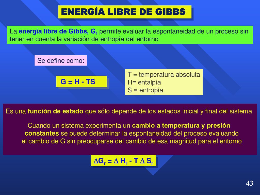 ENERGÍA LIBRE DE GIBBS Gr =  Hr - T  Sr