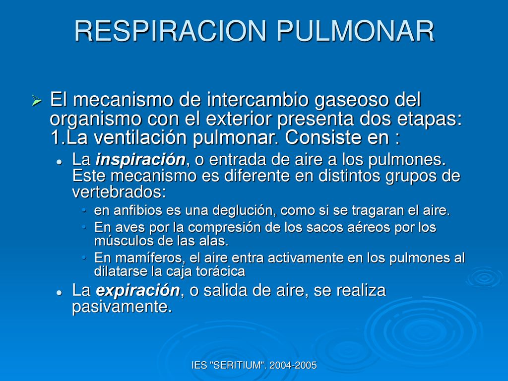 RESPIRACION PULMONAR El mecanismo de intercambio gaseoso del organismo con el exterior presenta dos etapas: 1.La ventilación pulmonar. Consiste en :