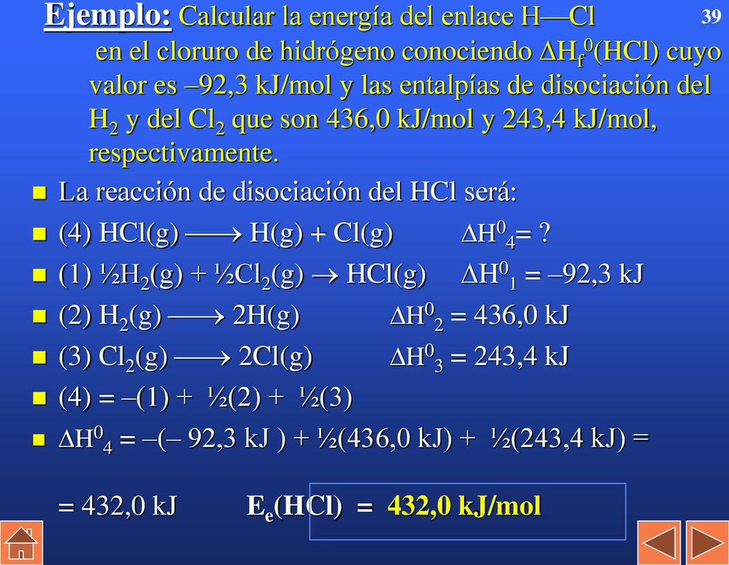Ejemplo: Calcular la energía del enlace H—Cl en el cloruro de hidrógeno conociendo Hf0(HCl) cuyo valor es –92,3 kJ/mol y las entalpías de disociación del H2 y del Cl2 que son 436,0 kJ/mol y 243,4 kJ/mol, respectivamente.