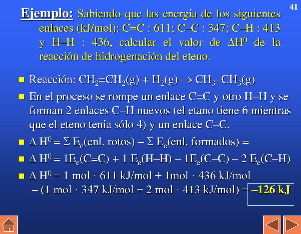 Ejemplo: Sabiendo que las energía de los siguientes enlaces (kJ/mol): C=C : 611; C–C : 347; C–H : 413 y H–H : 436, calcular el valor de H0 de la reacción de hidrogenación del eteno.