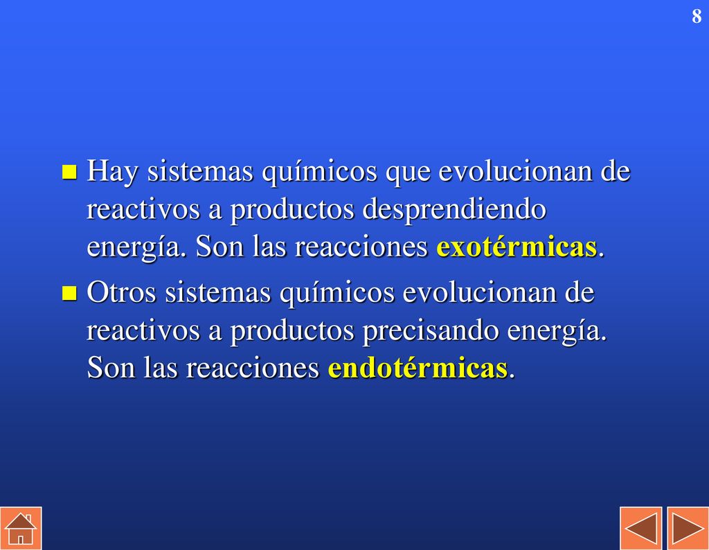 Hay sistemas químicos que evolucionan de reactivos a productos desprendiendo energía. Son las reacciones exotérmicas.