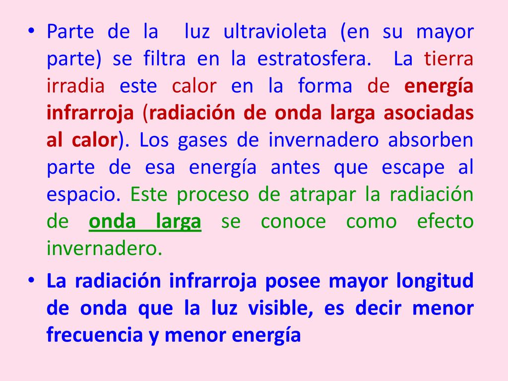 Parte de la luz ultravioleta (en su mayor parte) se filtra en la estratosfera. La tierra irradia este calor en la forma de energía infrarroja (radiación de onda larga asociadas al calor). Los gases de invernadero absorben parte de esa energía antes que escape al espacio. Este proceso de atrapar la radiación de onda larga se conoce como efecto invernadero.