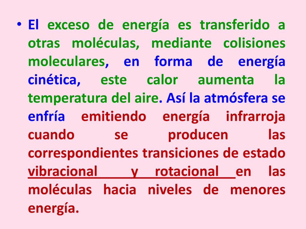 El exceso de energía es transferido a otras moléculas, mediante colisiones moleculares, en forma de energía cinética, este calor aumenta la temperatura del aire.