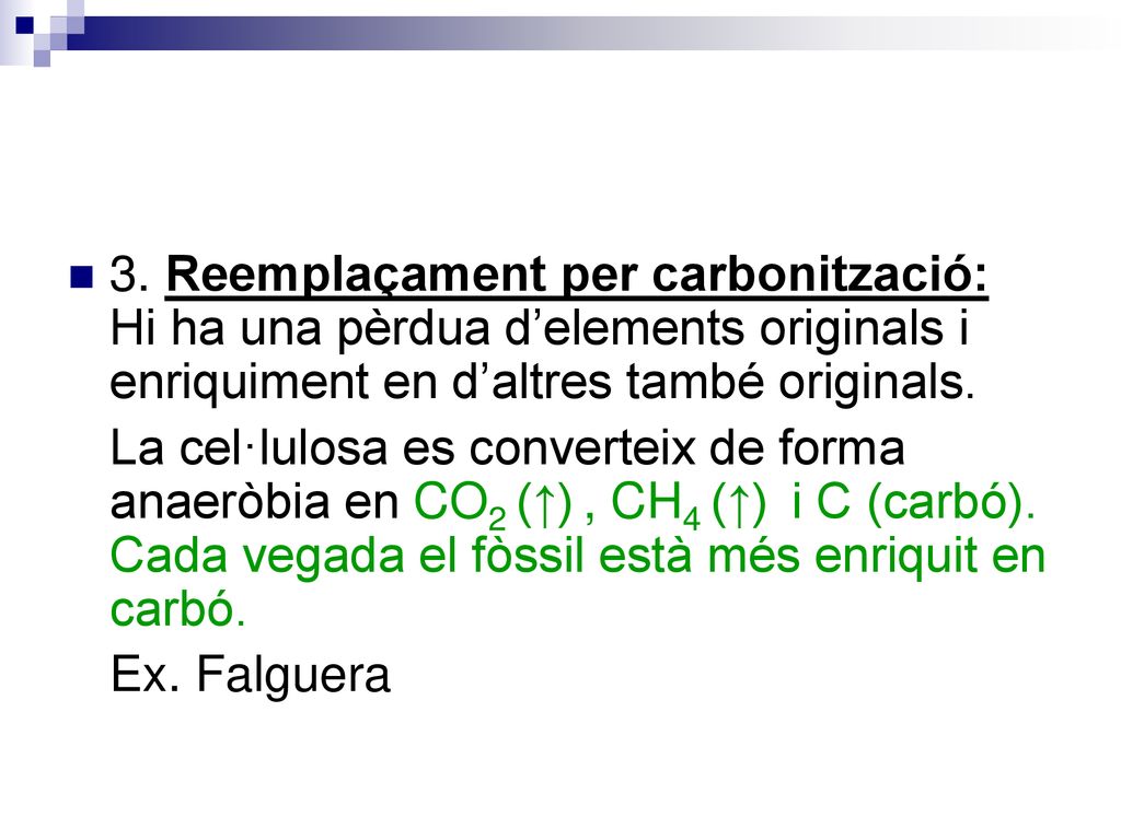 3. Reemplaçament per carbonització: Hi ha una pèrdua d’elements originals i enriquiment en d’altres també originals.