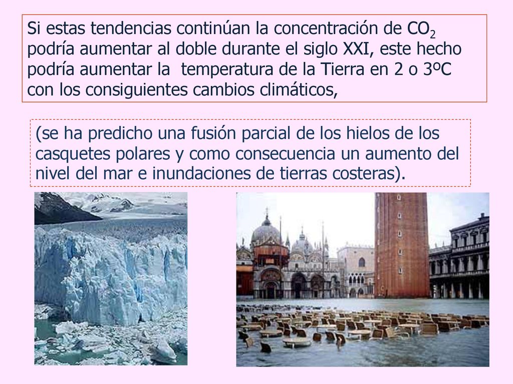 Si estas tendencias continúan la concentración de CO2 podría aumentar al doble durante el siglo XXI, este hecho podría aumentar la temperatura de la Tierra en 2 o 3ºC con los consiguientes cambios climáticos,