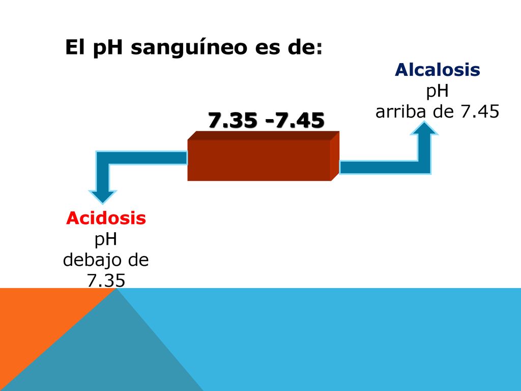El pH sanguíneo es de: Alcalosis pH arriba de 7.45 Acidosis