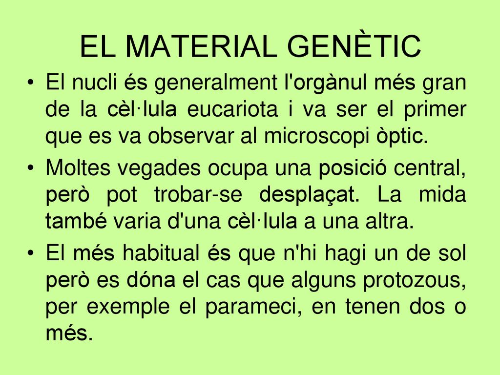 EL MATERIAL GENÈTIC El nucli és generalment l orgànul més gran de la cèl·lula eucariota i va ser el primer que es va observar al microscopi òptic.