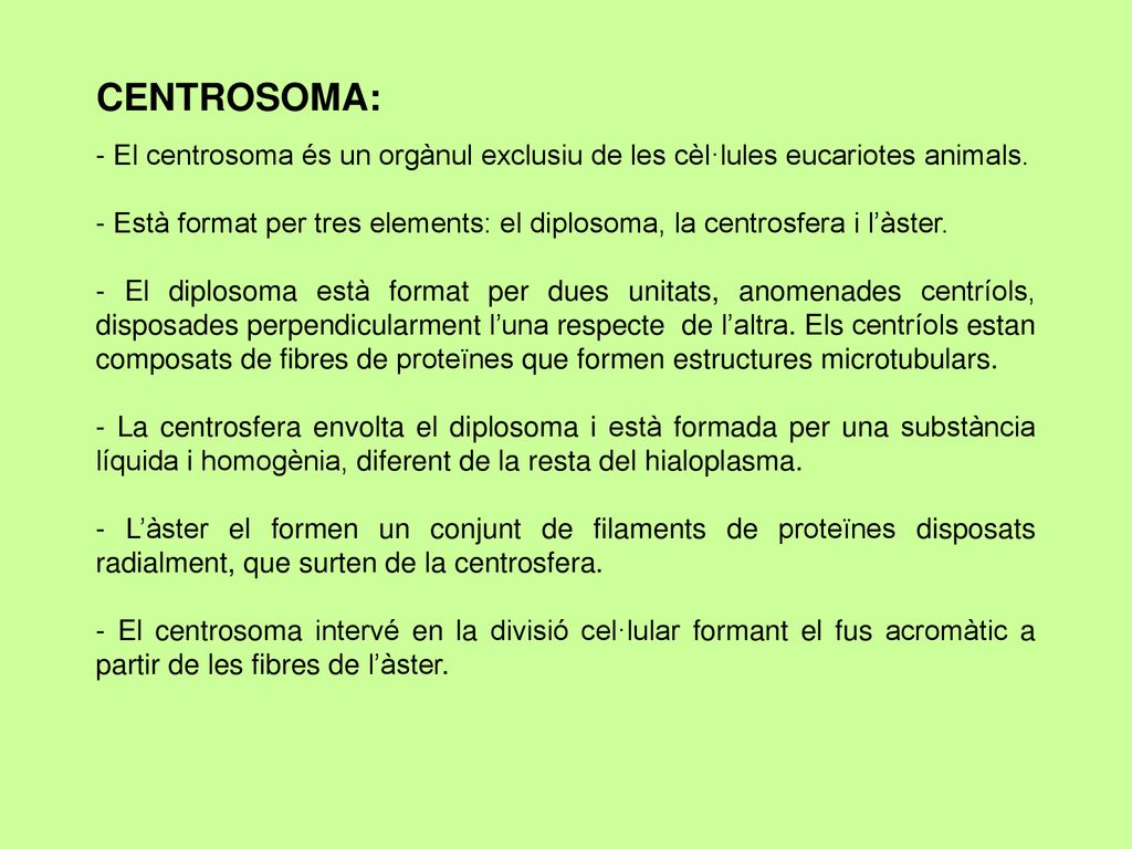 CENTROSOMA: - El centrosoma és un orgànul exclusiu de les cèl·lules eucariotes animals.