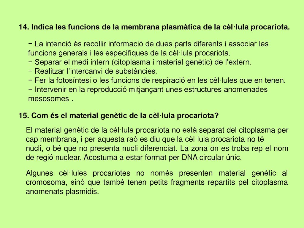 14. Indica les funcions de la membrana plasmàtica de la cèl·lula procariota.