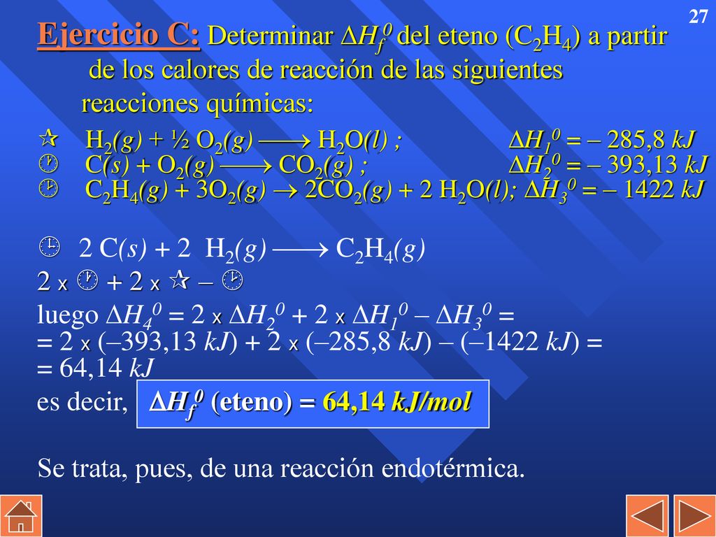 Ejercicio C: Determinar Hf0 del eteno (C2H4) a partir de los calores de reacción de las siguientes reacciones químicas: