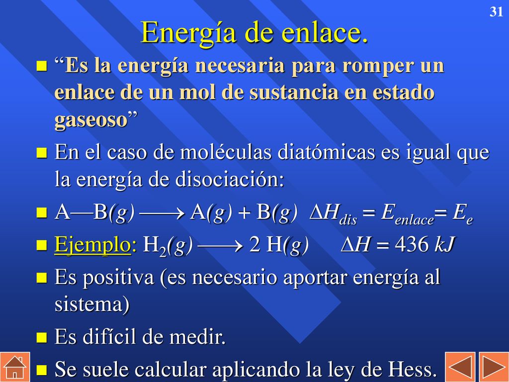 Energía de enlace. Es la energía necesaria para romper un enlace de un mol de sustancia en estado gaseoso