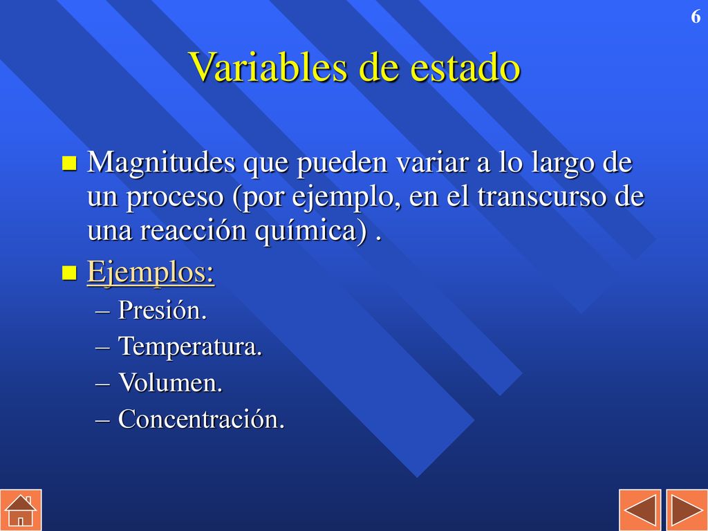 Variables de estado Magnitudes que pueden variar a lo largo de un proceso (por ejemplo, en el transcurso de una reacción química) .