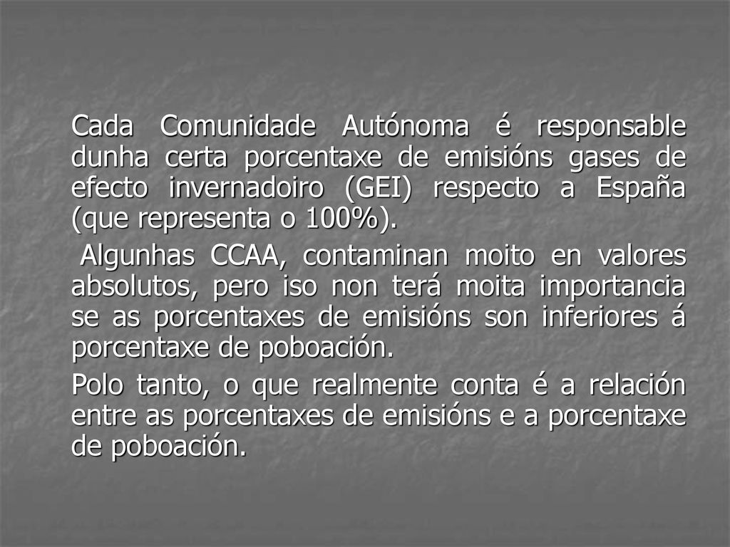 Cada Comunidade Autónoma é responsable dunha certa porcentaxe de emisións gases de efecto invernadoiro (GEI) respecto a España (que representa o 100%).