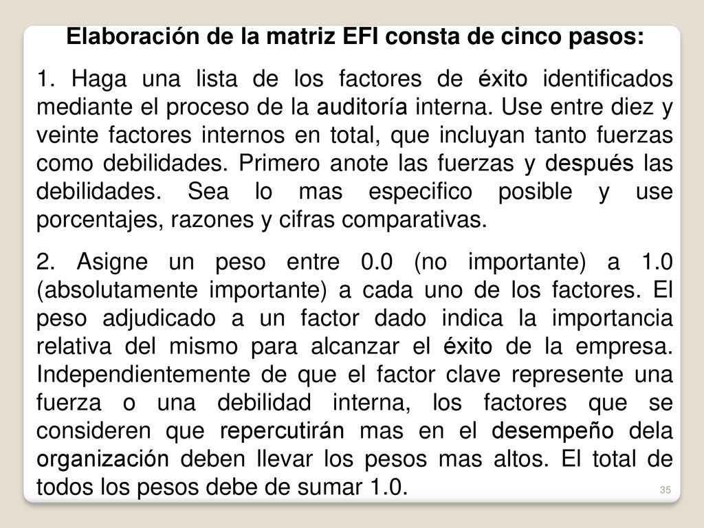 Elaboración de la matriz EFI consta de cinco pasos: