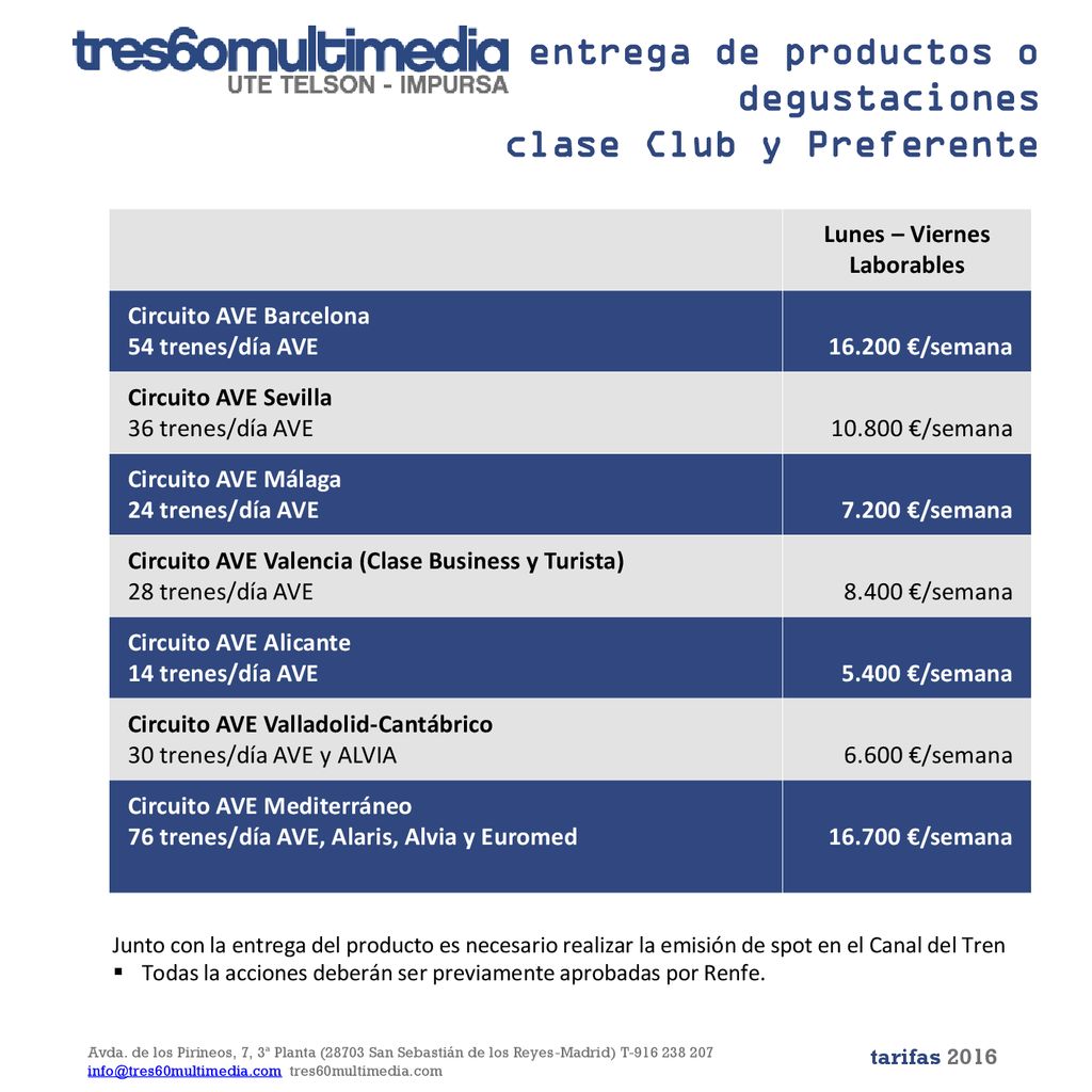 entrega de productos o degustaciones clase Club y Preferente
