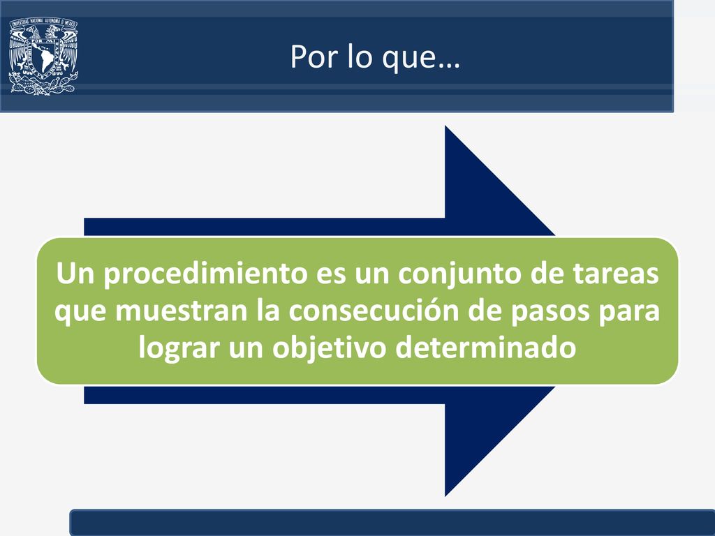 Por lo que… Un procedimiento es un conjunto de tareas que muestran la consecución de pasos para lograr un objetivo determinado.