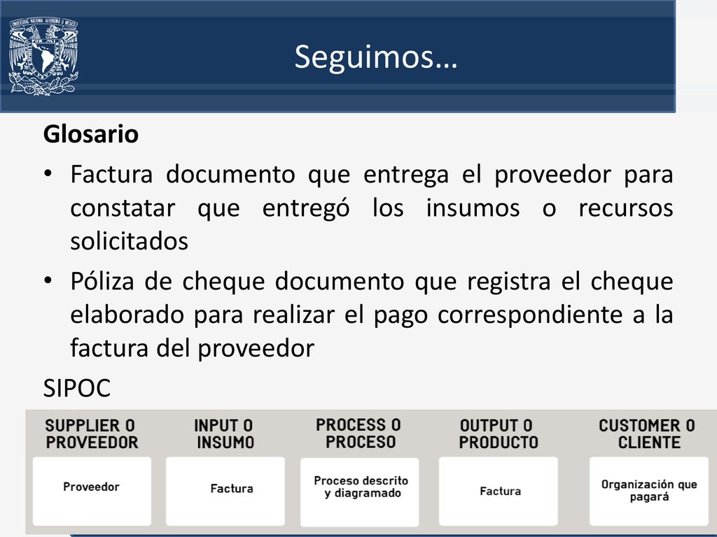 Seguimos… Glosario. Factura documento que entrega el proveedor para constatar que entregó los insumos o recursos solicitados.
