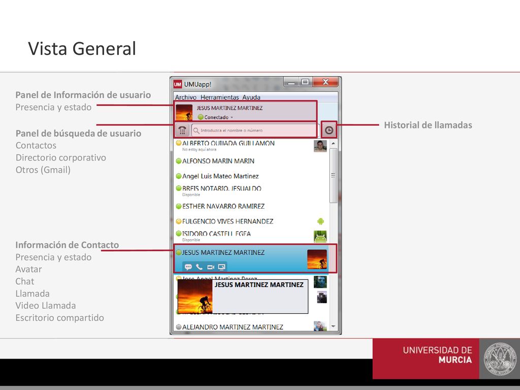 Vista General Panel de Información de usuario Presencia y estado