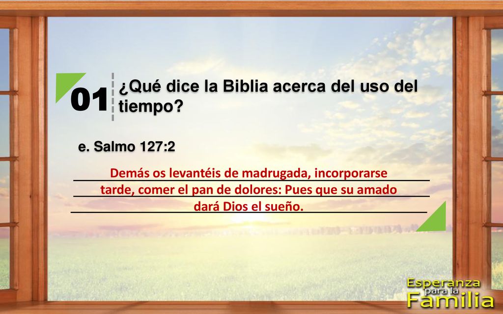 01 ¿Qué dice la Biblia acerca del uso del tiempo e. Salmo 127:2