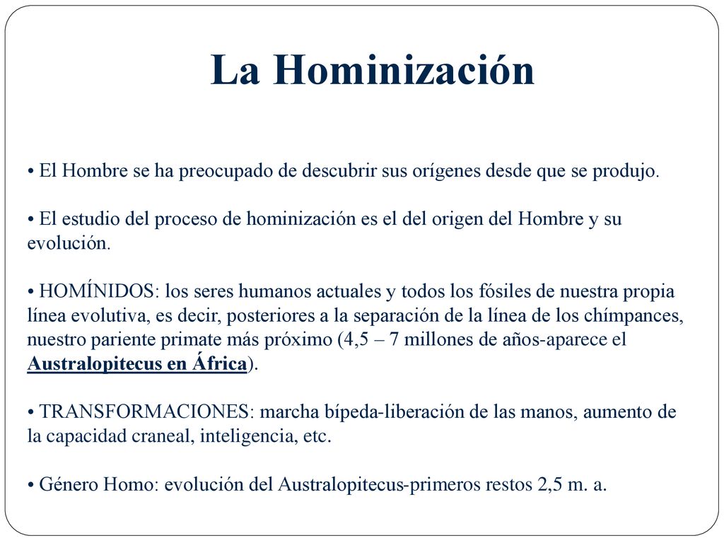 La Hominización El Hombre se ha preocupado de descubrir sus orígenes desde que se produjo.