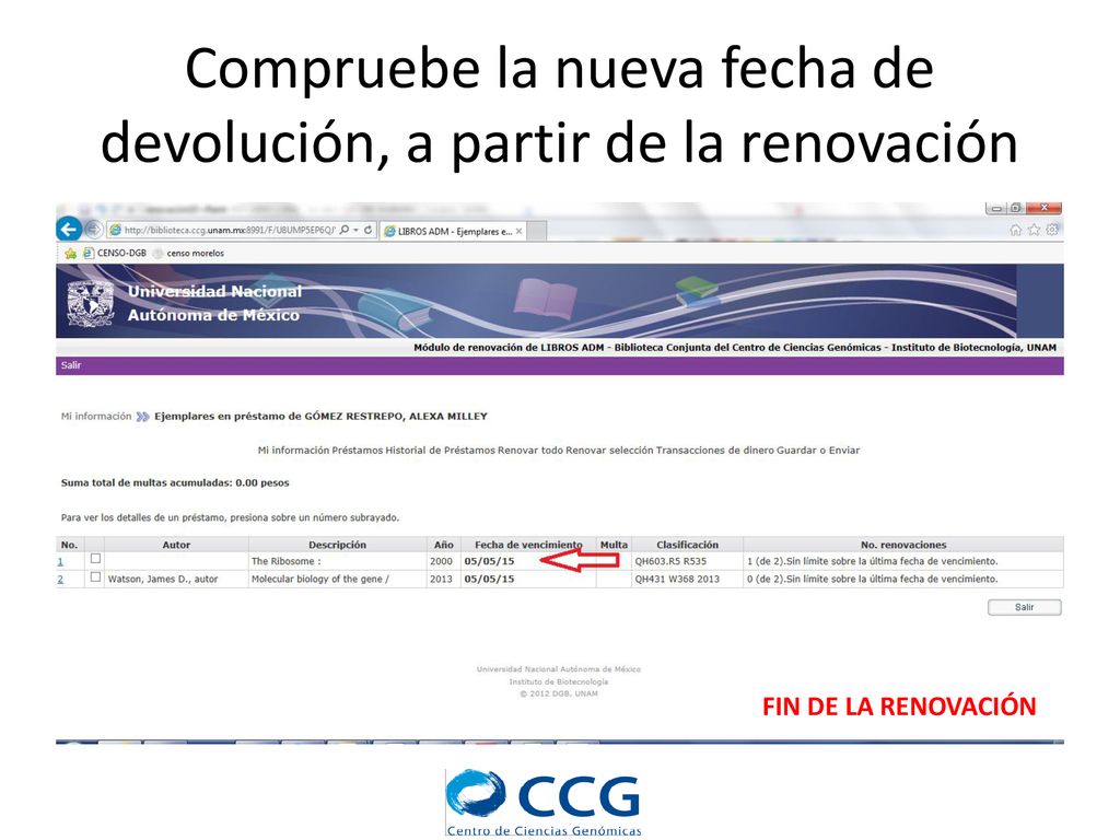 Compruebe la nueva fecha de devolución, a partir de la renovación