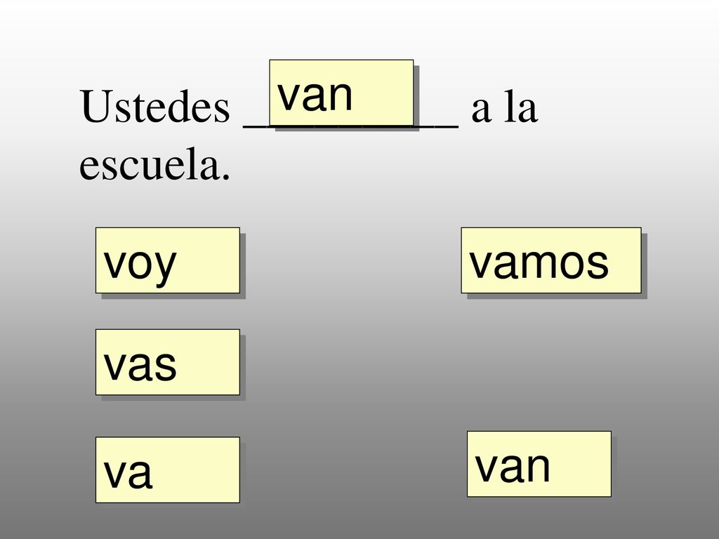 van Ustedes _________ a la escuela. voy vamos vas van va