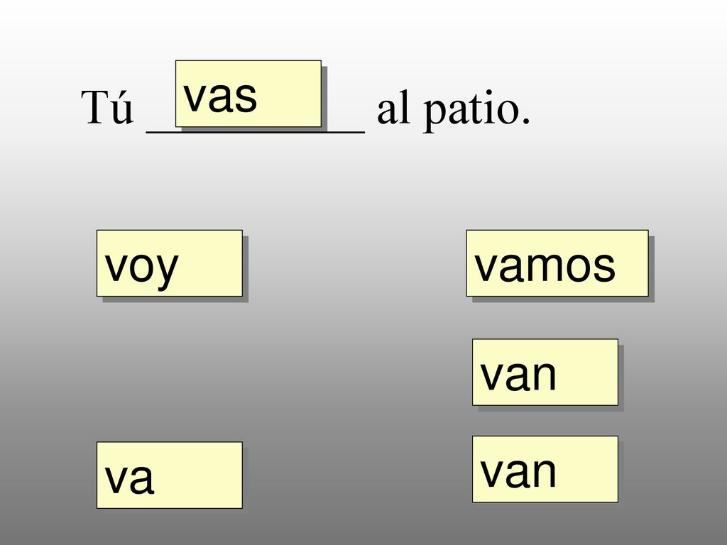 vas Tú _________ al patio. voy vamos van van va