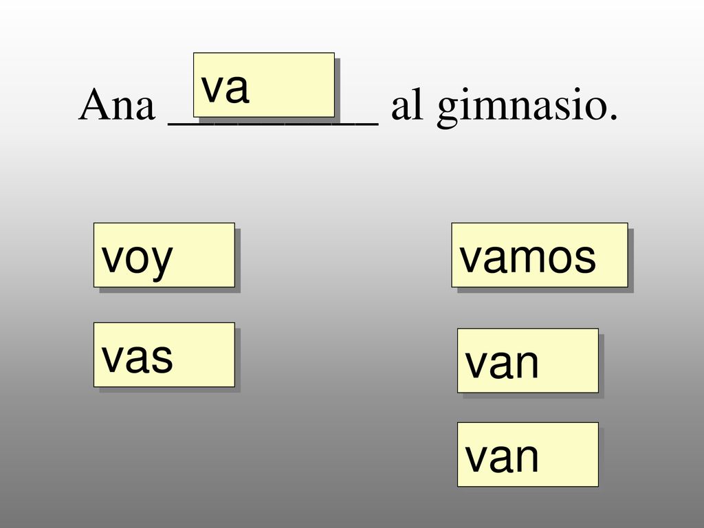 va Ana _________ al gimnasio. voy vamos vas van van
