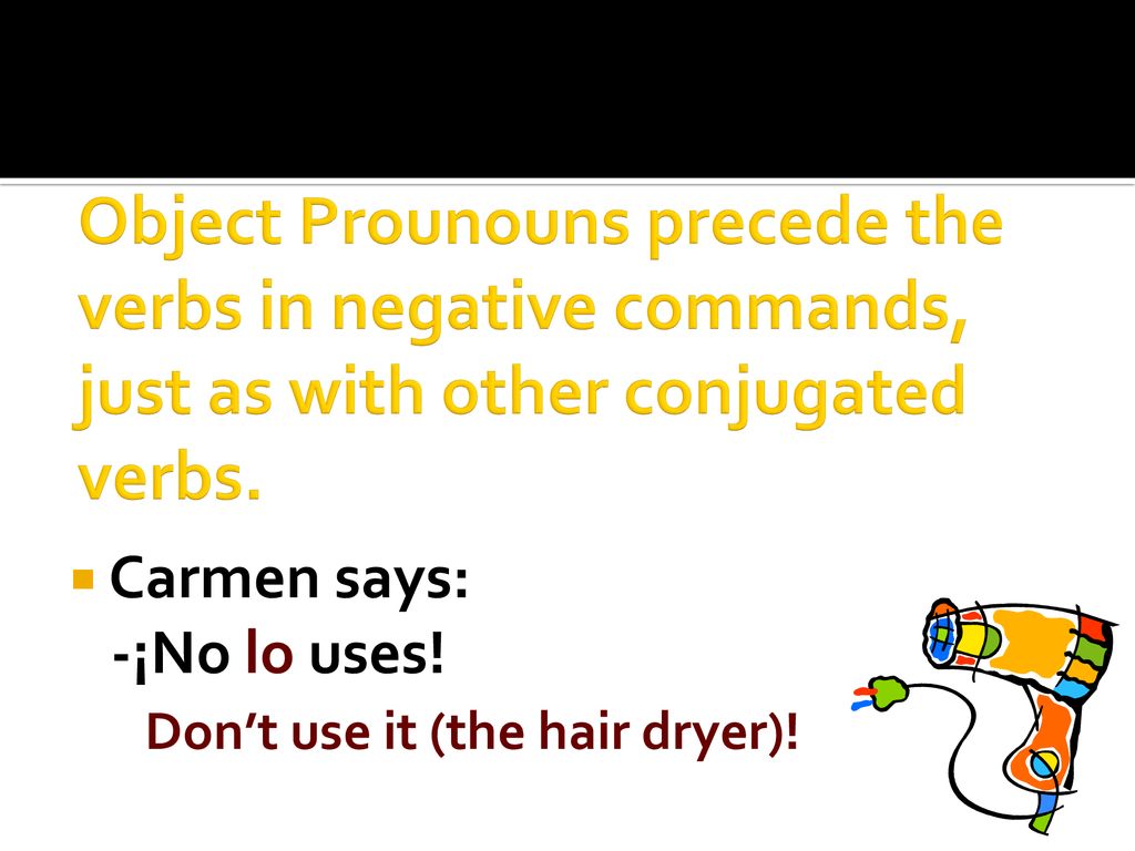 Object Prounouns precede the verbs in negative commands, just as with other conjugated verbs.