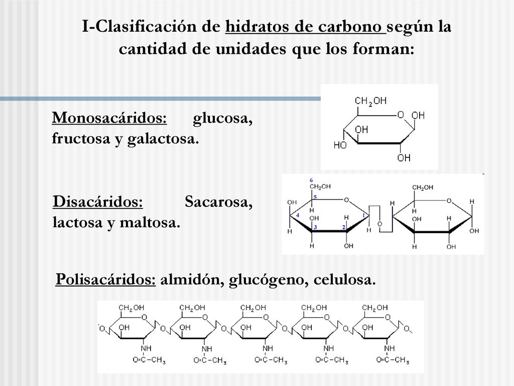 I-Clasificación de hidratos de carbono según la cantidad de unidades que los forman: