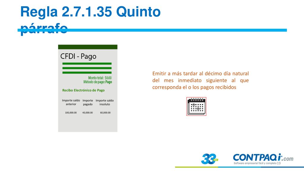 Regla Quinto párrafo Recibo Electrónico de Pago. Importe saldo anterior. Importe pagado.