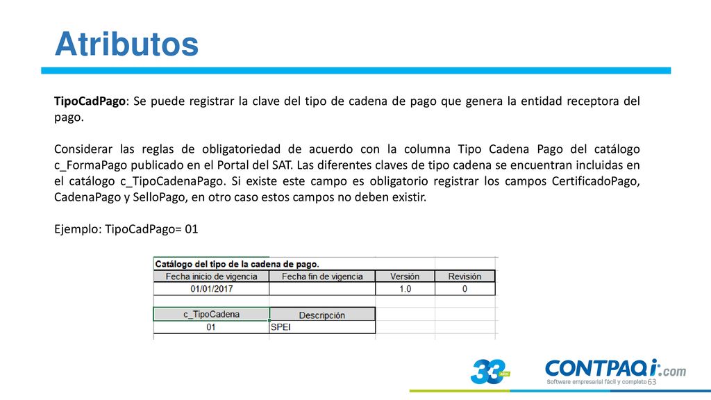 Atributos TipoCadPago: Se puede registrar la clave del tipo de cadena de pago que genera la entidad receptora del pago.