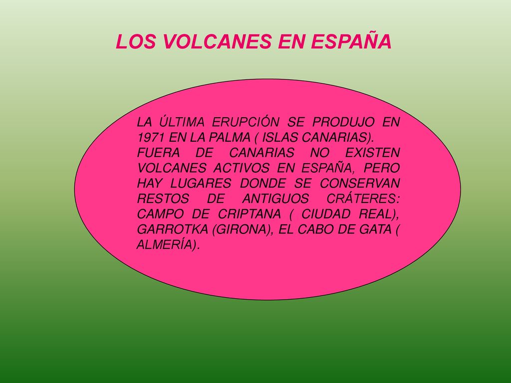 LOS VOLCANES EN ESPAÑA LA ÚLTIMA ERUPCIÓN SE PRODUJO EN 1971 EN LA PALMA ( ISLAS CANARIAS).