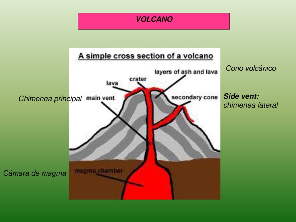 VOLCANO Cono volcánico Side vent: chimenea lateral Chimenea principal Cámara de magma