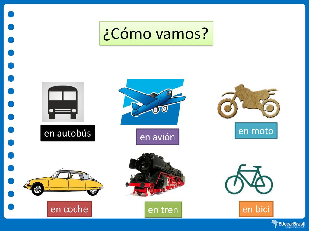 ¿Cómo vamos en moto en autobús en avión en coche en tren en bici