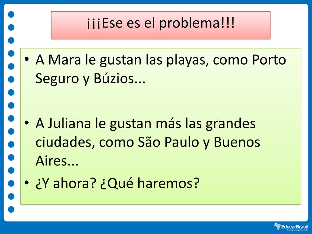 ¡¡¡Ese es el problema!!! A Mara le gustan las playas, como Porto Seguro y Búzios...