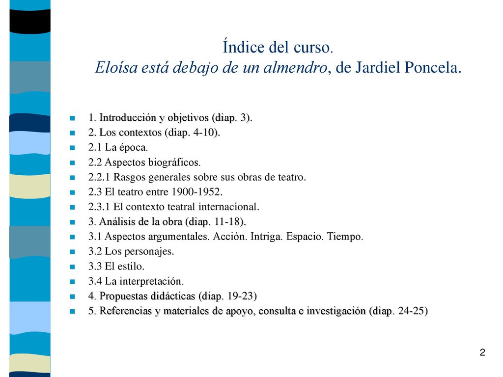 Índice del curso. Eloísa está debajo de un almendro, de Jardiel Poncela.