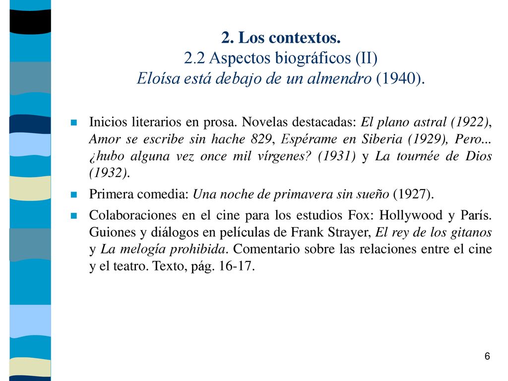 2. Los contextos. 2.2 Aspectos biográficos (II) Eloísa está debajo de un almendro (1940).