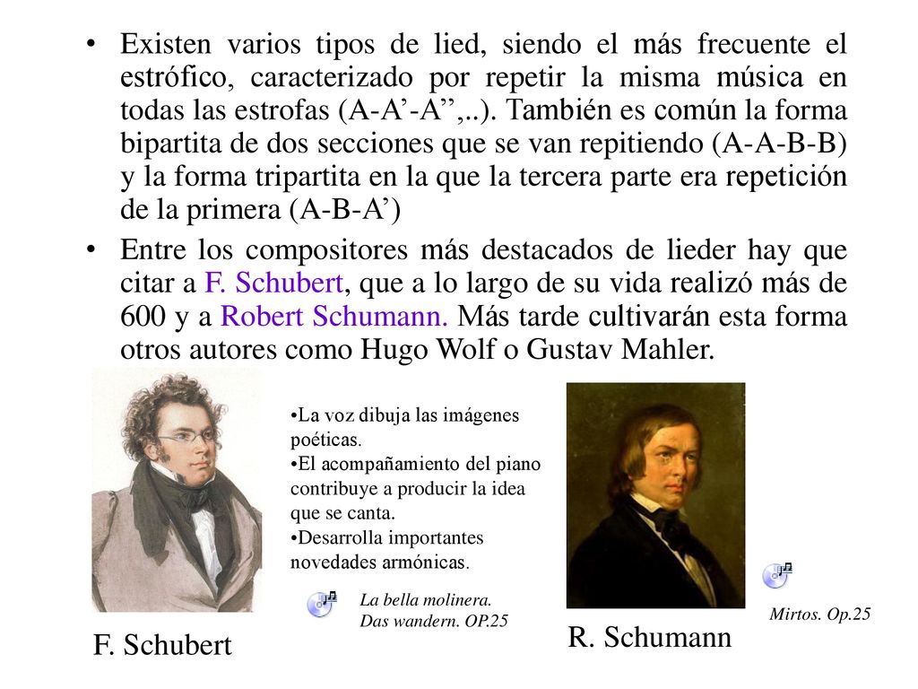 Existen varios tipos de lied, siendo el más frecuente el estrófico, caracterizado por repetir la misma música en todas las estrofas (A-A’-A’’,..). También es común la forma bipartita de dos secciones que se van repitiendo (A-A-B-B) y la forma tripartita en la que la tercera parte era repetición de la primera (A-B-A’)