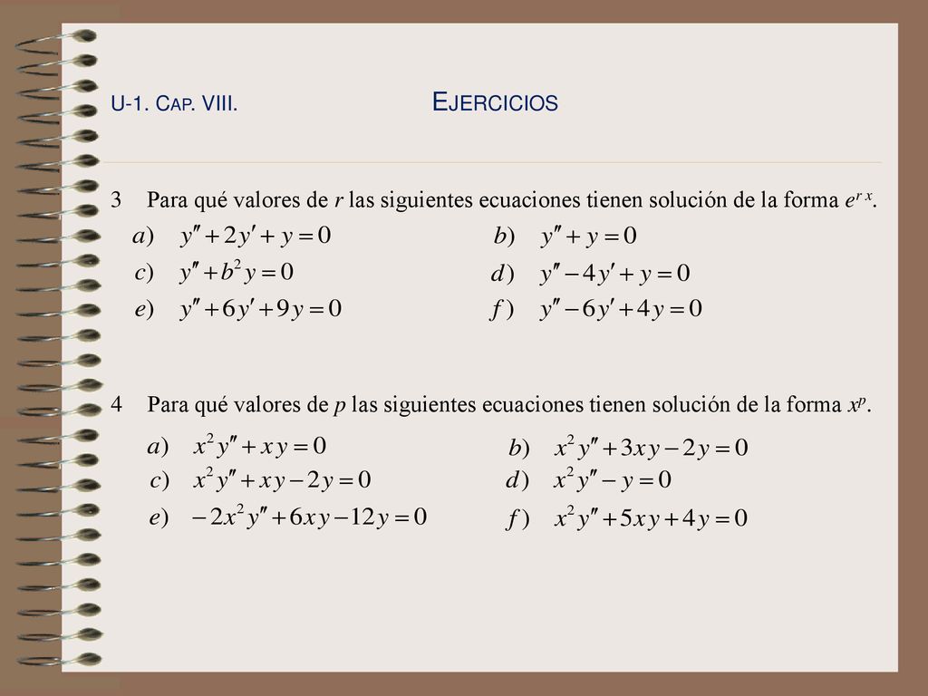 U-1. Cap. VIII. Ejercicios 3 Para qué valores de r las siguientes ecuaciones tienen solución de la forma er x.