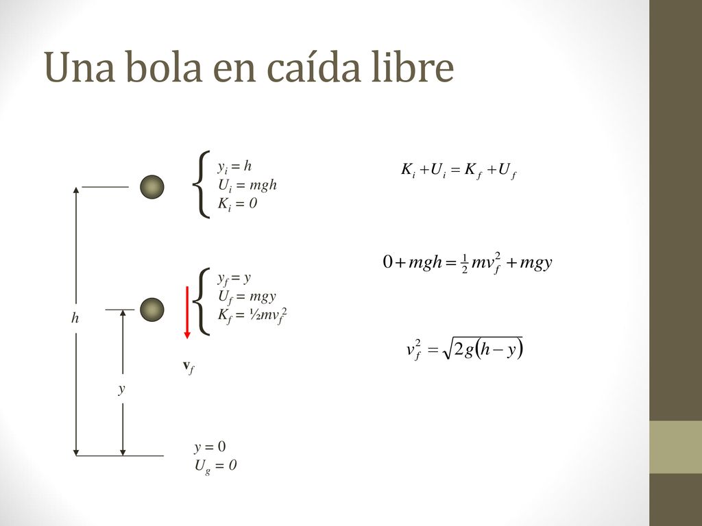 { Una bola en caída libre yi = h Ui = mgh Ki = 0