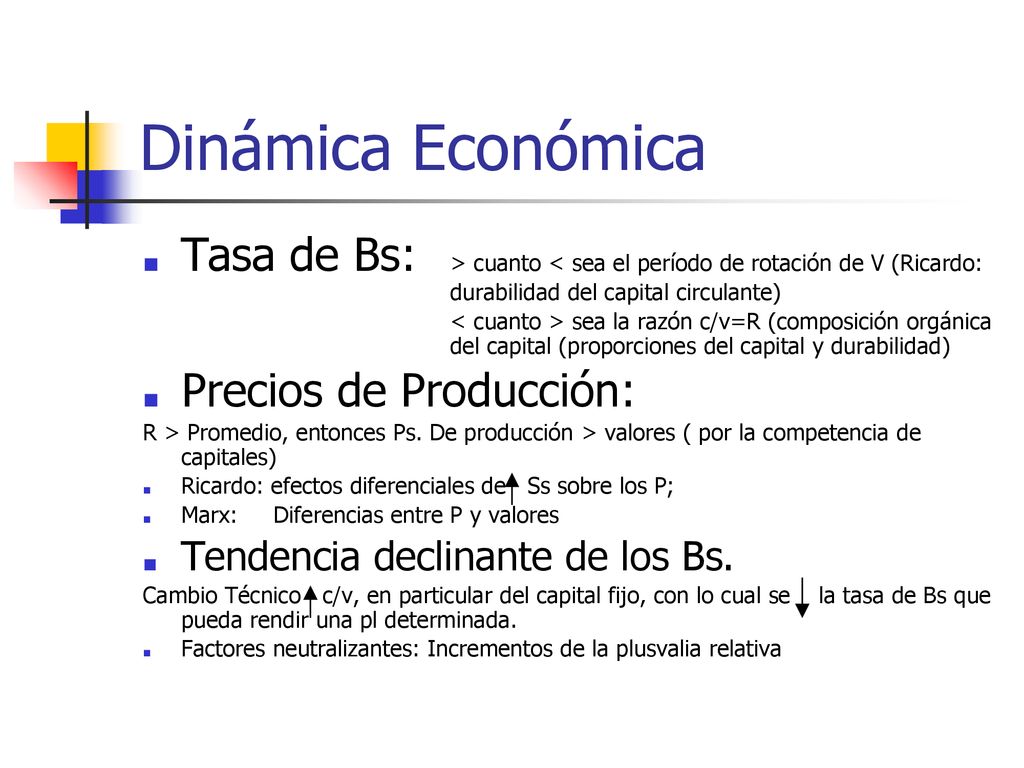Dinámica Económica Tasa de Bs: > cuanto < sea el período de rotación de V (Ricardo: durabilidad del capital circulante)