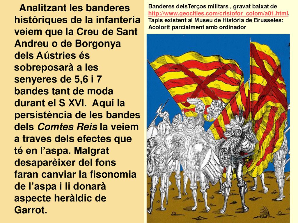 Analitzant les banderes històriques de la infanteria veiem que la Creu de Sant Andreu o de Borgonya dels Aústries és sobreposarà a les senyeres de 5,6 i 7 bandes tant de moda durant el S XVI. Aquí la persistència de les bandes dels Comtes Reis la veiem a traves dels efectes que té en l’aspa. Malgrat desaparèixer del fons faran canviar la fisonomia de l’aspa i li donarà aspecte heràldic de Garrot.
