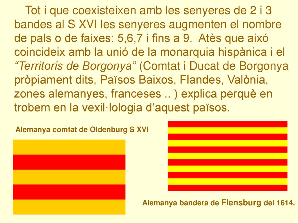 Tot i que coexisteixen amb les senyeres de 2 i 3 bandes al S XVI les senyeres augmenten el nombre de pals o de faixes: 5,6,7 i fins a 9. Atès que aixó coincideix amb la unió de la monarquia hispànica i el Territoris de Borgonya (Comtat i Ducat de Borgonya pròpiament dits, Països Baixos, Flandes, Valònia, zones alemanyes, franceses .. ) explica perquè en trobem en la vexil·lologia d’aquest països.